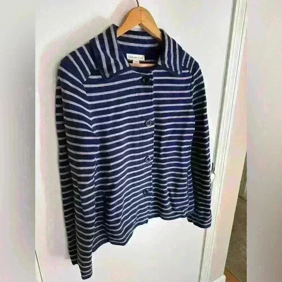 Button up knit striped blue collared cardigan by Coldwater Creek size small or 8 - Picture 2 of 16